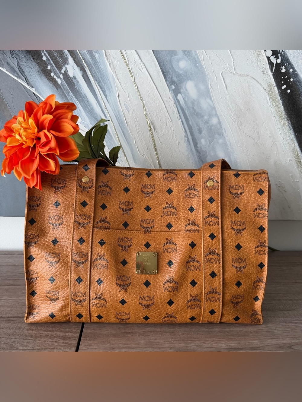 MCM Brown Visetos Monogram Zip Top Medium Tote Bag Gold HardwareInner PocketsCOA